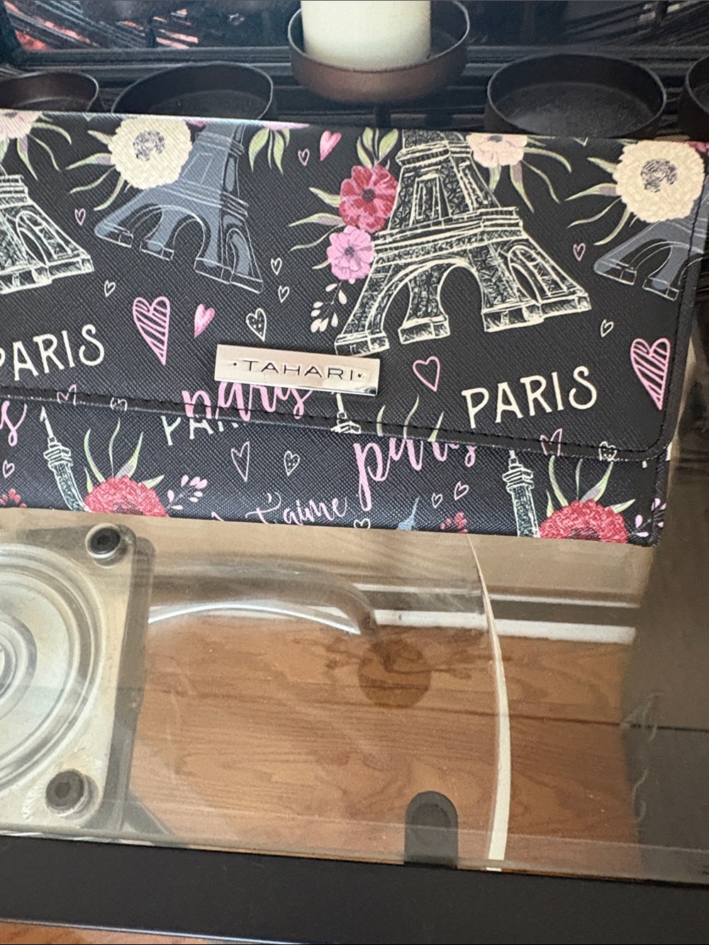 Tahari Black Floral Paris Fold-Over Clutch with Pink Accents